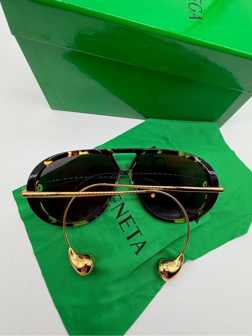 Bottega Veneta Black Tortoiseshell Aviator Sunglasses with Gold Hardware